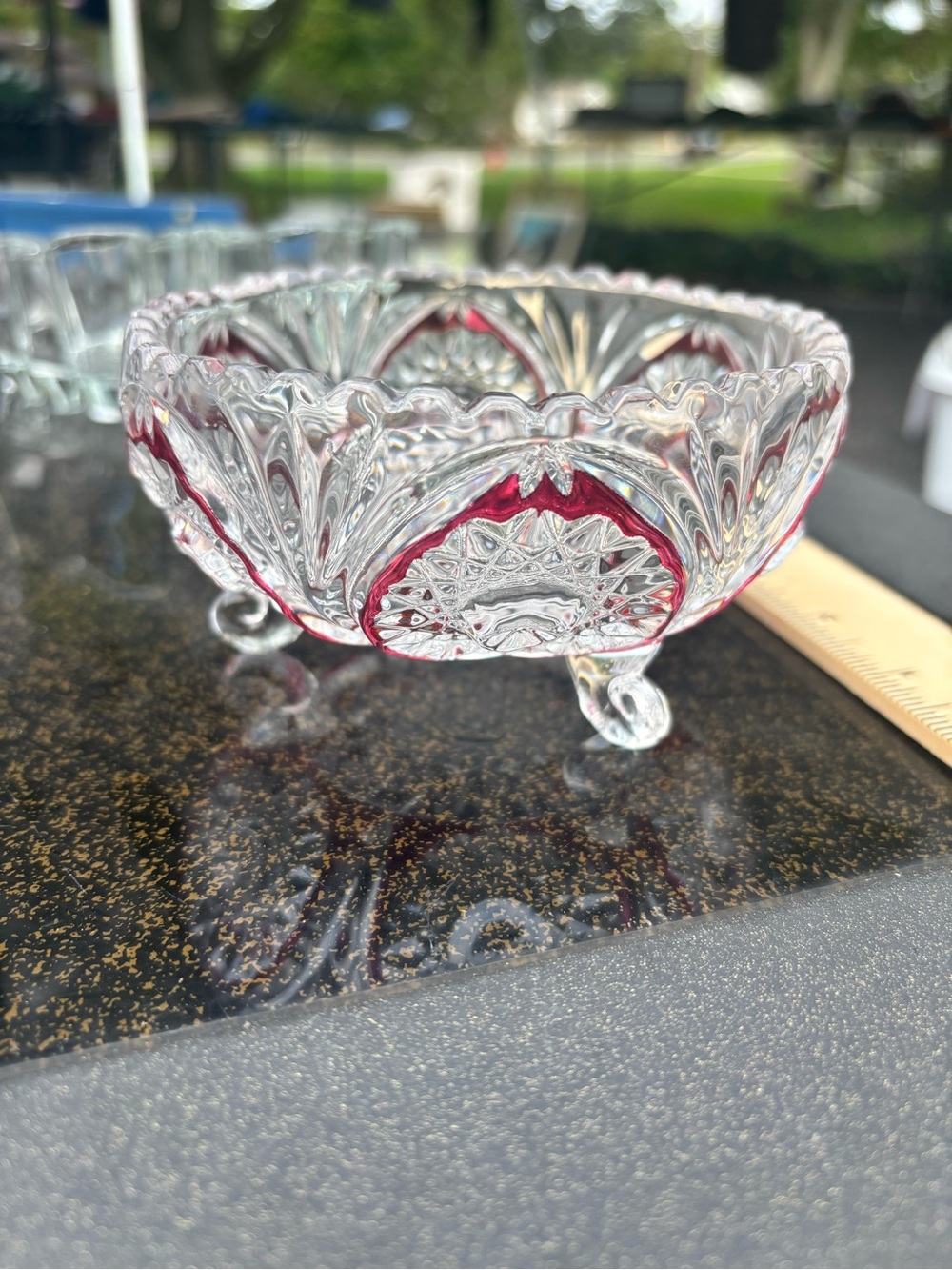 Pressed Glass Footed Bowl with Red Accents